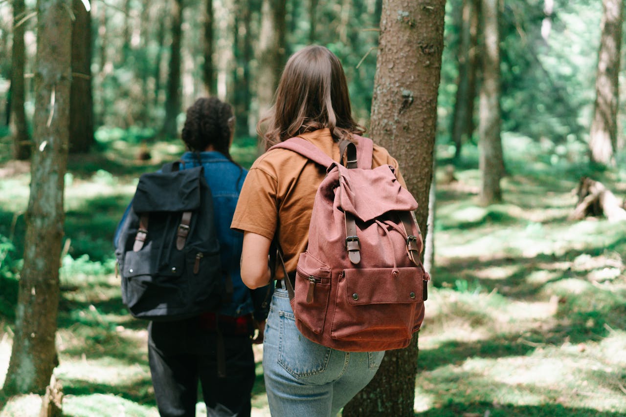 services-04 Two hikers with backpacks explore a dense forest path, surrounded by tall trees and greenery.